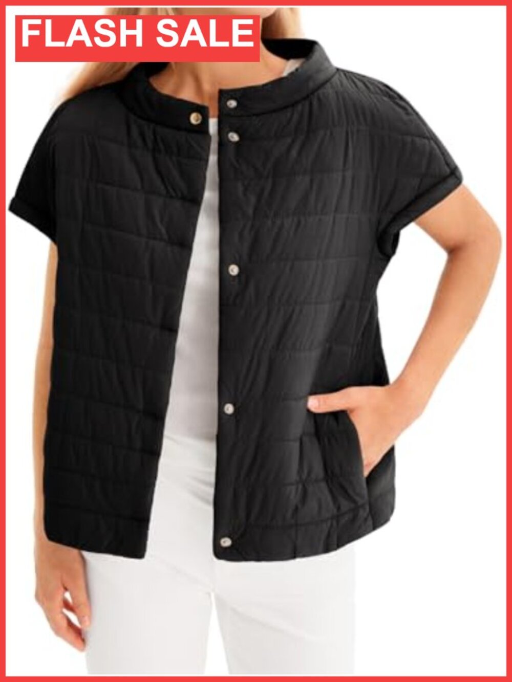 Quilted Puffer Vest Button Up Cowl Neck Cap Sleeve Lightweight Winter